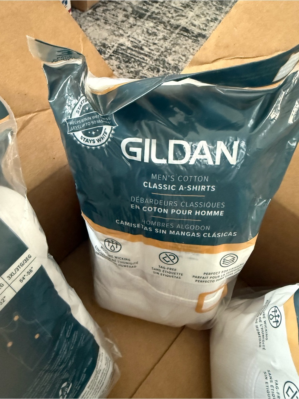 Gildan White and Navy Packaging with Yellow Accent
